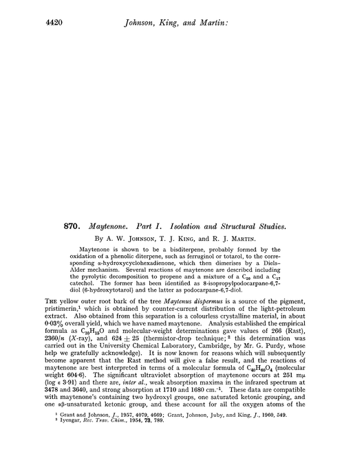 870. Maytenone. Part I. Isolation and structural studies