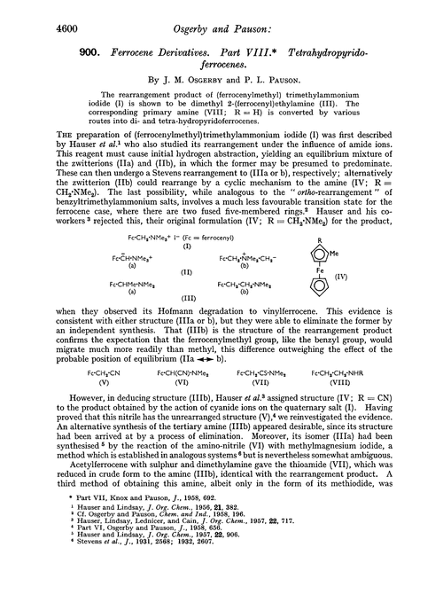 900. Ferrocene derivatives. Part VIII. Tetrahydropyridoferrocenes