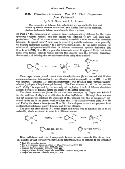 902. Ferrocene derivatives. Part X. Their preparation from fulvenes