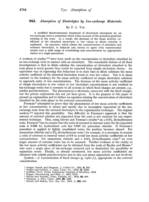 943. Absorption of electrolytes by ion-exchange materials