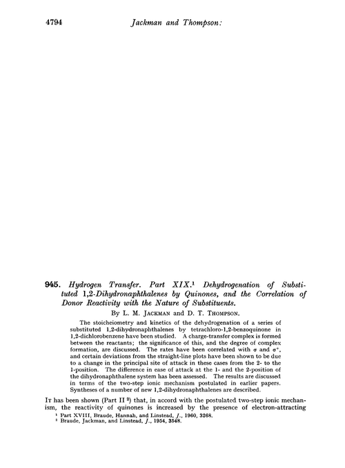 945. Hydrogen transfer. Part XIX. Dehydrogenation of substituted 1,2-dihydronaphthalenes by quinones, and the correlation of donor reactivity with the nature of substituents