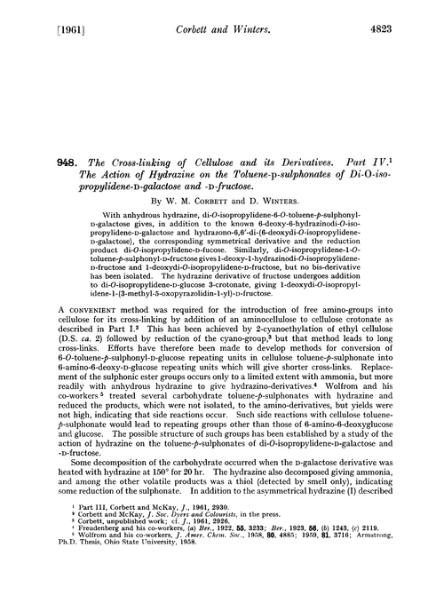 948. The cross-linking of cellulose and its derivatives. Part IV. The action of hydrazine on the toluene-p-sulphonates of di-O-iso-propylidene-D-galactose and -D-fructose