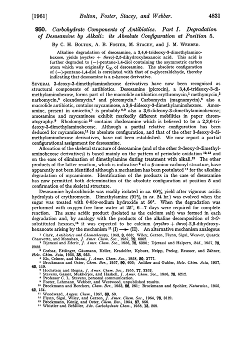 950. Carbohydrate components of antibiotics. Part I. Degradation of desosamine by alkali: its absolute configuration at position 5