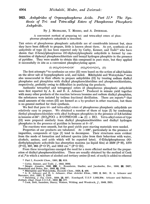 963. Anhydrides of organophosphorus acids. Part II. The synthesis of tri- and tetra-alkyl esters of phosphorous phosphoric anhydride