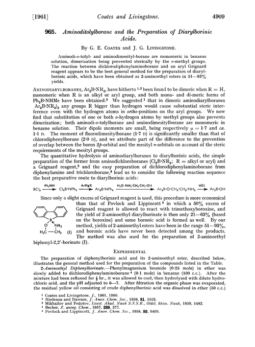 965. Aminoditolylborane and the preparation of diarylborinic acids