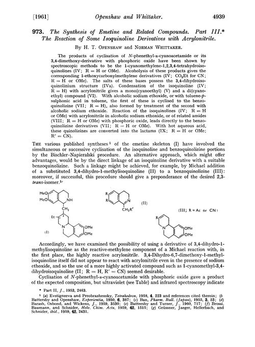 973. The synthesis of emetine and related compounds. Part III. The reaction of some isoquinoline derivatives with acrylonitrile