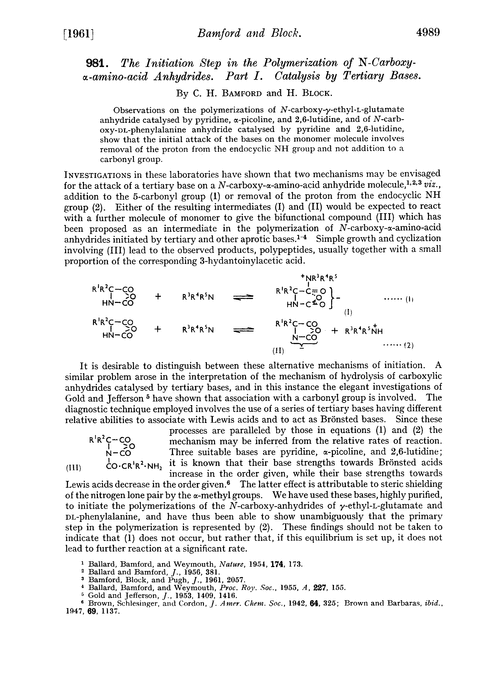 981. The initiation step in the polymerization of N-carboxy-α-amino-acid anhydrides. Part I. Catalysis by tertiary bases