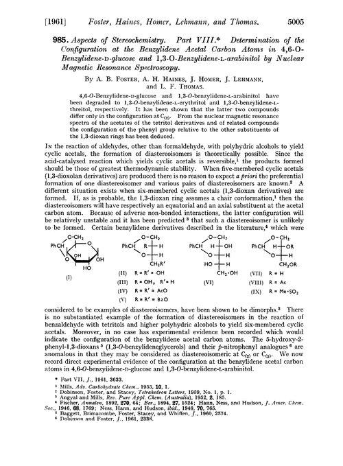 985. Aspects of stereochemistry. Part VIII. Determination of the configuration at the benzylidene acetal carbon atoms in 4,6-O-benzylidene-D-glucose and 1,3-O-benzylidene-L-arabinitol by nuclear magnetic resonance spectroscopy