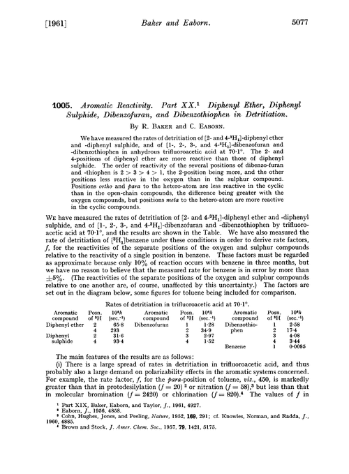 1005. Aromatic reactivity. Part XX. Diphenyl ether, diphenyl sulphide, dibenzofuran, and dibenzothiophen in detritiation