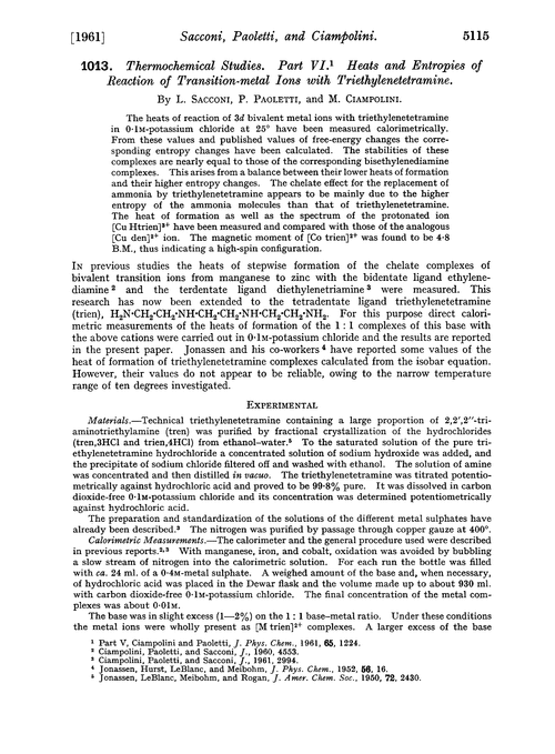 1013. Thermochemical studies. Part VI. Heats and entropies of reaction of transition-metal ions with triethylenetetramine