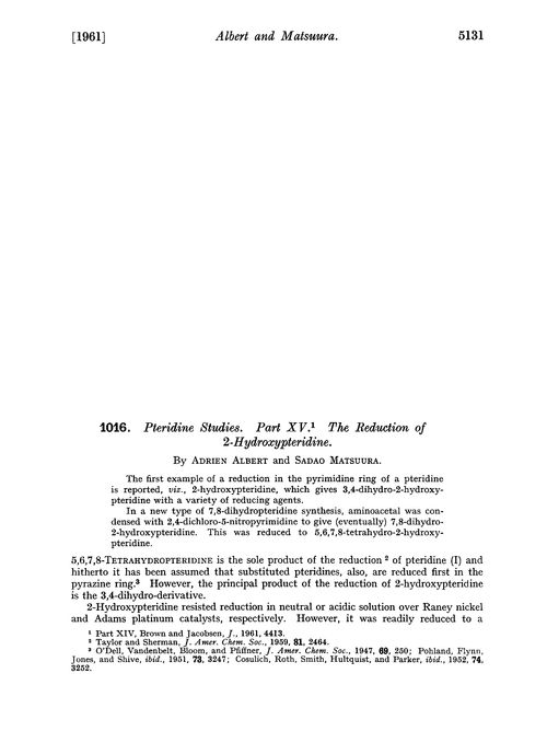 1016. Pteridine studies. Part XV. The reduction of 2-hydroxypteridine