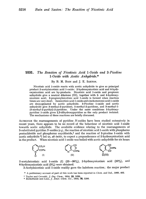 1031. The reaction of nicotinic acid 1-oxide and 3-picoline 1-oxide with acetic anhydride