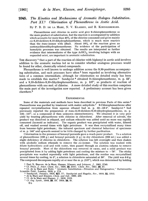 1045. The kinetics and mechanisms of aromatic halogen substitution. Part XI. Chlorination of phenanthrene in acetic acid