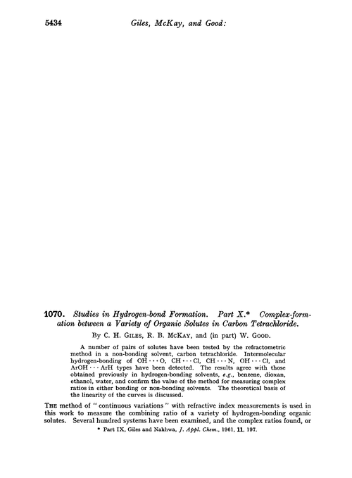 1070. Studies in hydrogen-bond formation. Part X. Complex-formation between a variety of organic solutes in carbon tetrachloride