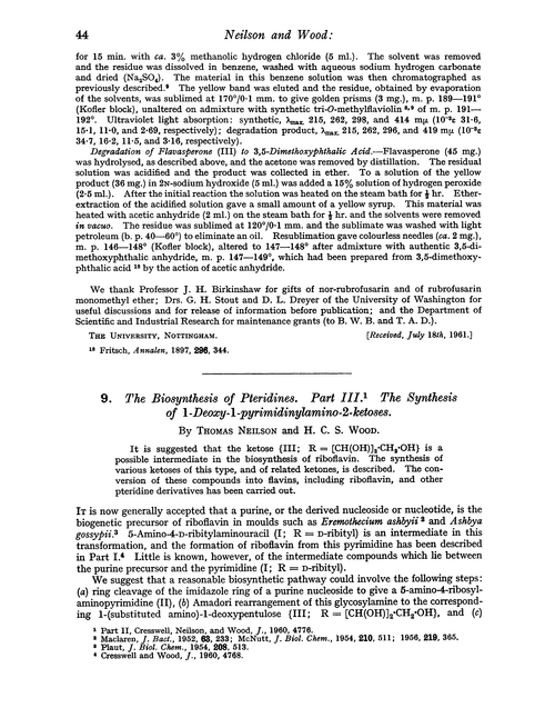 9. The biosynthesis of pteridines. Part III. The synthesis of 1-deoxy-1-pyrimidinylamino-2-ketoses