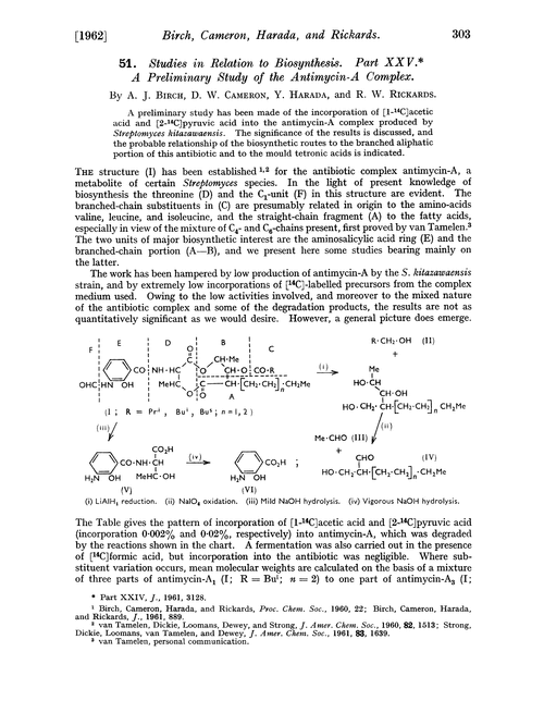 51. Studies in relation to biosynthesis. Part XXV. A preliminary study of the antimycin-A complex
