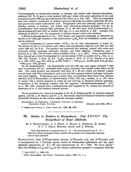 79. Studies in relation to biosynthesis. Part XXVII. The biosynthesis of ergot alkaloids