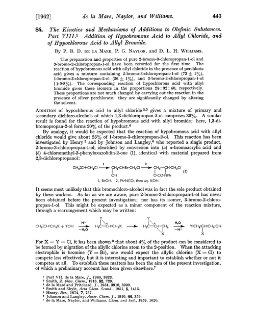 84. The kinetics and mechanisms of additions to olefinic substances. Part VIII. Addition of hypobromous acid to allyl chloride, and of hypochlorous acid to allyl bromide