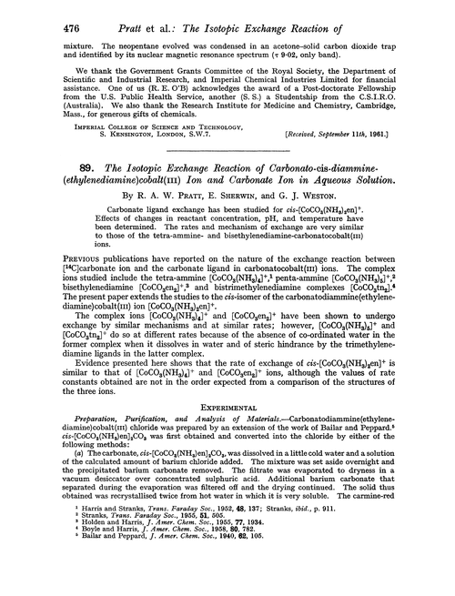 89. The isotopic exchange reaction of carbonato-cis-diammine-(ethylenediamine)cobalt(III) ion and carbonate ion in aqueous solution