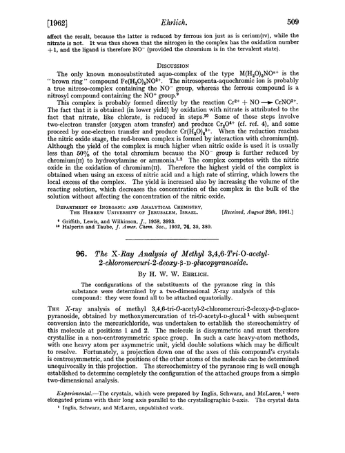 96. The X-ray analysis of methyl 3,4,6-tri-O-acetyl-2-chloromercuri-2-deoxy-β-D-glucopyranoside