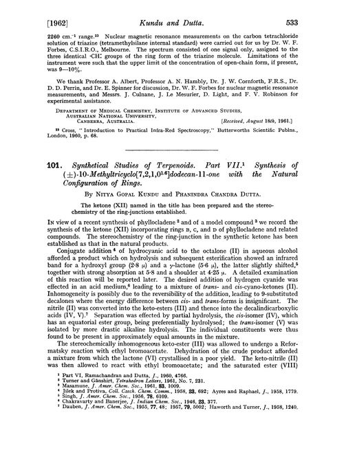 101. Synthetical studies of terpenoids. Part VII. Synthesis of (±)-10-methyltricyclo[7,2,1,0]dodecan-11-one with the natural configuration of rings