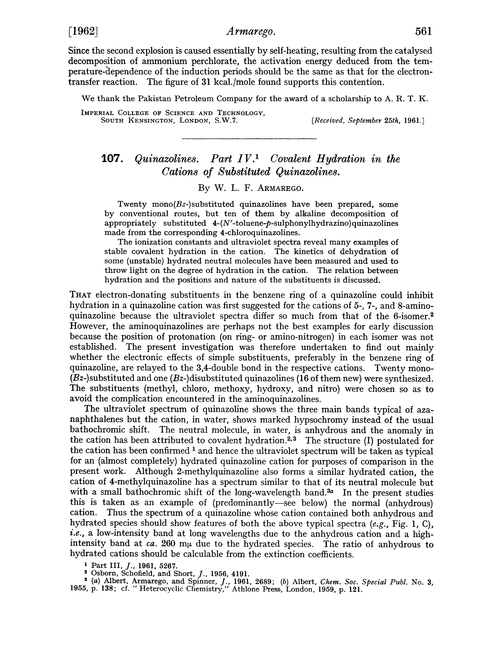 107. Quinazolines. Part IV. Covalent hydration in the cations of substituted quinazolines