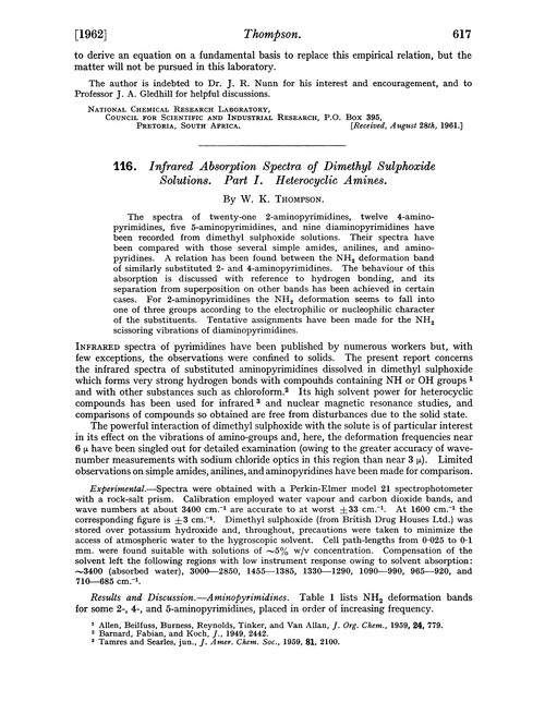 116. Infrared absorption spectra of dimethyl sulphoxide solutions. Part I. Heterocyclic amines