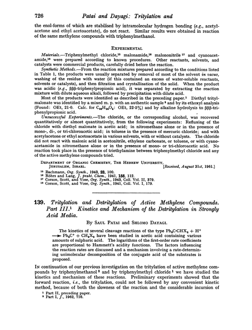 139. Tritylation and detritylation of active methylene compounds. Part III. Kinetics and mechanism of the detritylation in strongly acid media