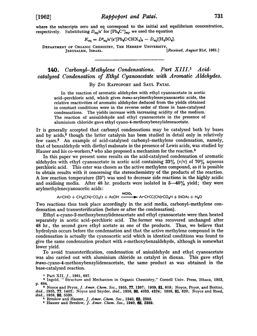 140. Carbonyl–methylene condensations. Part XIII. Acid-catalysed condensation of ethyl cyanoacetate with aromatic aldehydes