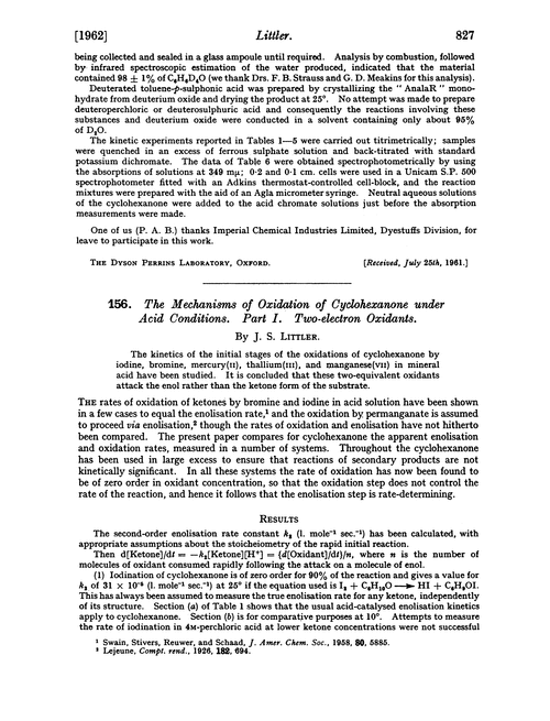156. The mechanisms of oxidation of cyclohexanone under acid conditions. Part I. Two-electron oxidants