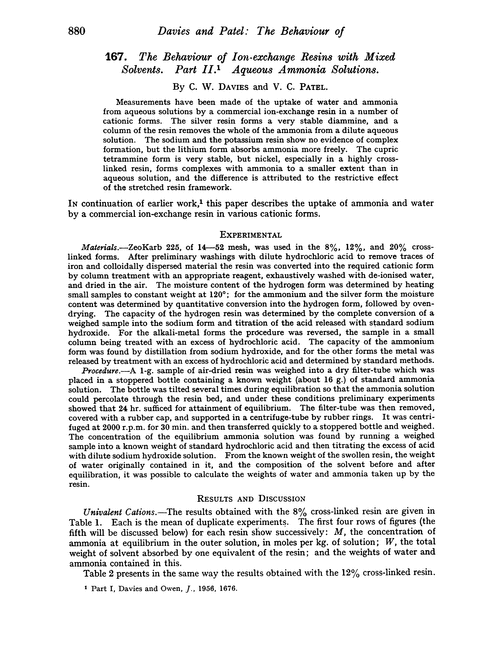 167. The behaviour of ion-exchange resins with mixed solvents. Part II. Aqueous ammonia solutions