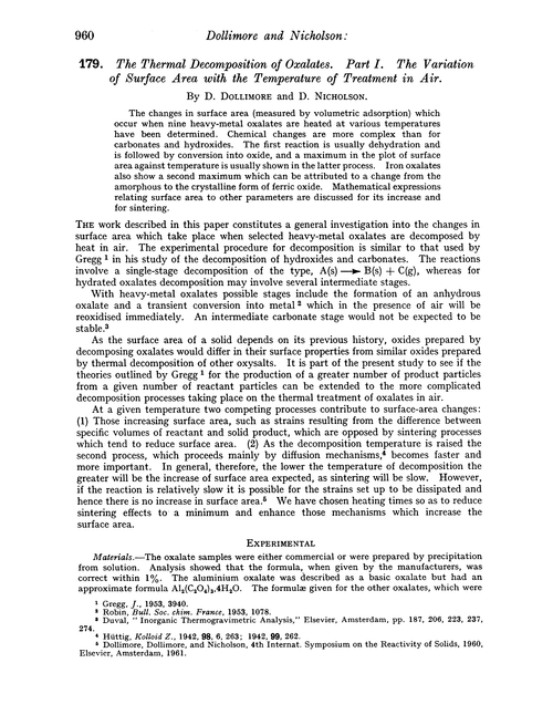 179. The thermal decomposition of oxalates. Part I. The variation of surface area with the temperature of treatment in air