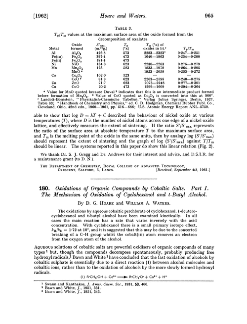 180. Oxidations of organic compounds by cobaltic salts. Part I. The mechanism of oxidation of cyclohexanol and t-butyl alcohol