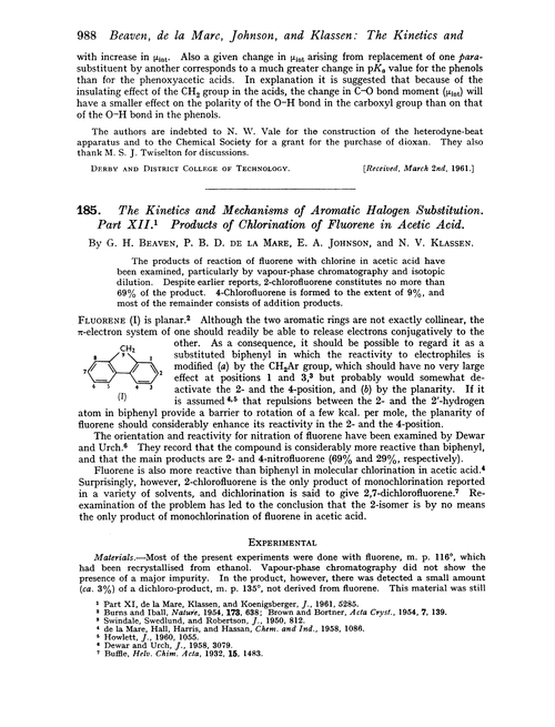 185. The kinetics and mechanisms of aromatic halogen substitution. Part XII. Products of chlorination of fluorene in acetic acid