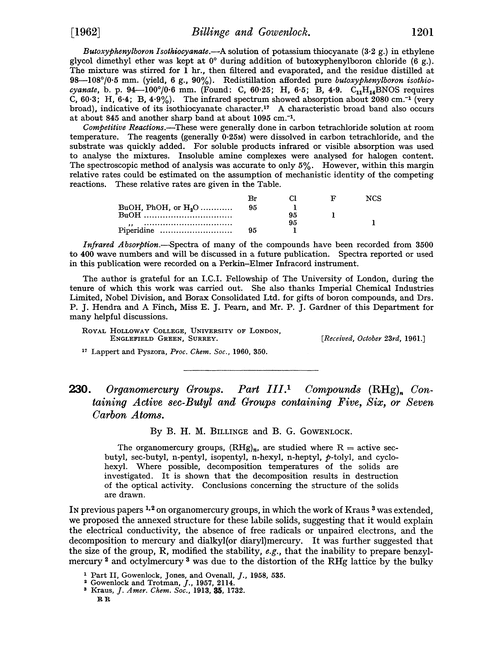 230. Organomercury groups. Part III. Compounds (RHg) containing active sec-butyl and groups containing five, six, or severn carbon atoms