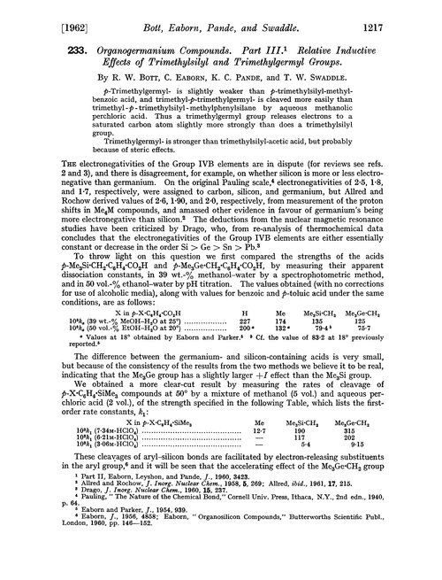 233. Organogermanium compounds. Part III. Relative inductive effects of trimethylsilyl and trimethylgermyl groups