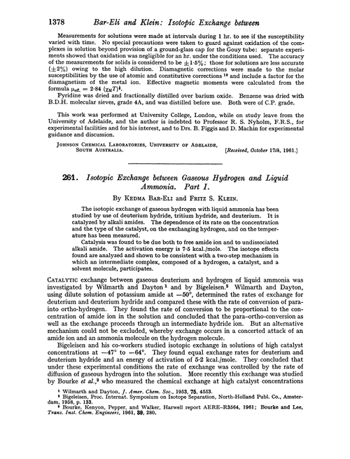 261. Isotopic exchange between gaseous hydrogen and liquid ammonia. Part I
