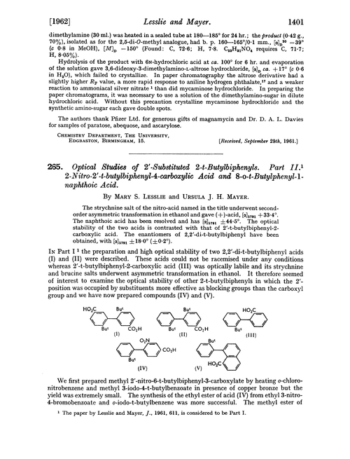 265. Optical studies of 2′-substituted 2-t-butylbiphenyls. Part II. 2-Nitro-2′-t-butylbiphenyl-4-carboxylic acid and 8-o-t-butylphenyl-1-naphthoic acid