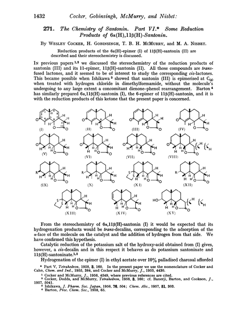 271. The chemistry of santonin. Part VI. Some reduction products of 6α(H), 11β(H)-santonin