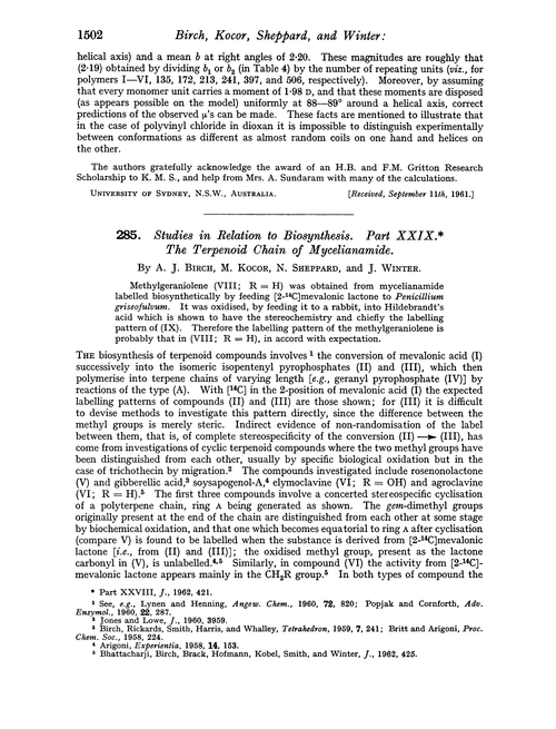 285. Studies in relation to biosynthesis. Part XXIX. The terpenoid chain of mycelianamide