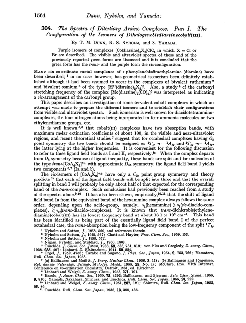 304. The spectra of ditertiary arsine complexes. Part I. The configuration of the isomers of dihalogenobisdiarsinecobalt(III)