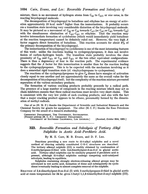323. Reversible formation and solvolysis of tertiary alkyl sulphides in acetic acid–perchloric acid