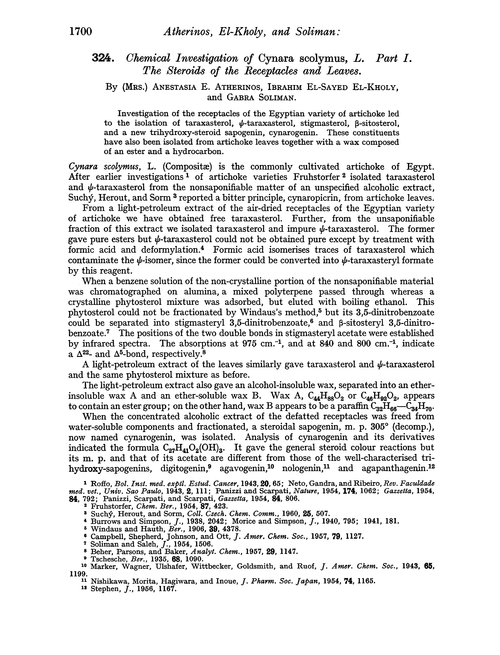 324. Chemical investigation of Cynara scolymus, L. Part I. The steroids of the receptacles and leaves