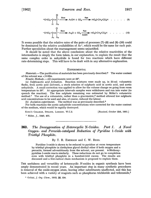 360. The deoxygenation of heterocyclic N-oxides. Part I. A novel oxygen- and peroxide-catalysed reduction of pyridine 1-oxide with triethyl phosphite