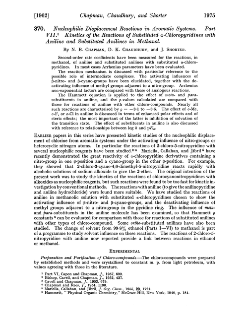 370. Nucleophilic displacement reactions in aromatic systems. Part VII. Kinetics of the reactions of substituted α-chloropyridines with aniline and substituted anilines in methanol