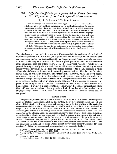 381. Diffusion coefficients for aqueous silver nitrate solutions at 25°, 35°, and 45° from diaphragm-cell measurements