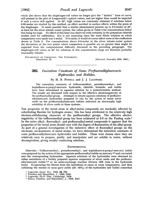 382. Ionization constants of some perfluoroalkylmercuric hydroxides and halides