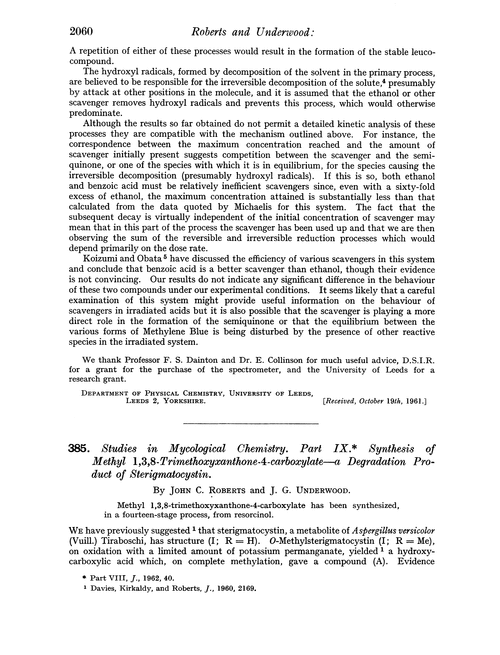 385. Studies in mycological chemistry. Part IX. Synthesis of methyl 1,3,8-trimethoxyxanthone-4-carboxylate—a degradation product of sterigmatocystin