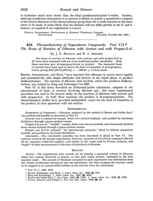 413. Thermochemistry of organoboron compounds. Part VII. The heats of reaction of diborane with acetone and with propan-2-ol