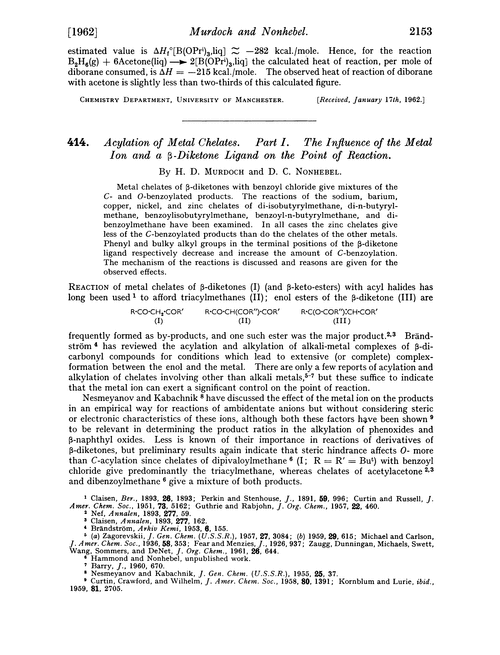 414. Acylation of metal chelates. Part I. The influence of the metal ion and a β-diketone ligand on the point of reaction